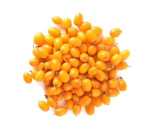 Fresh ripe sea buckthorn berries on white background, top view