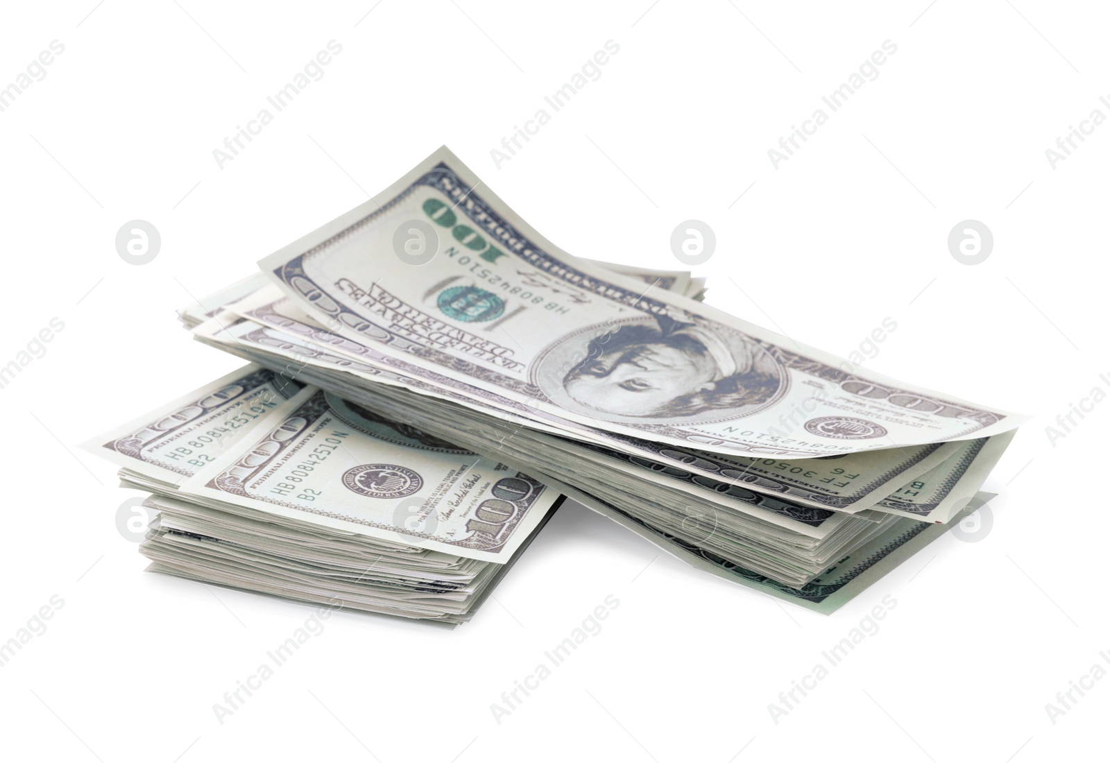 Photo of Many dollar banknotes on white background. American national currency