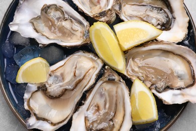 Photo of Delicious fresh oysters with lemon slices on light grey table, top view
