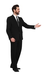 Photo of Handsome man greeting someone on white background