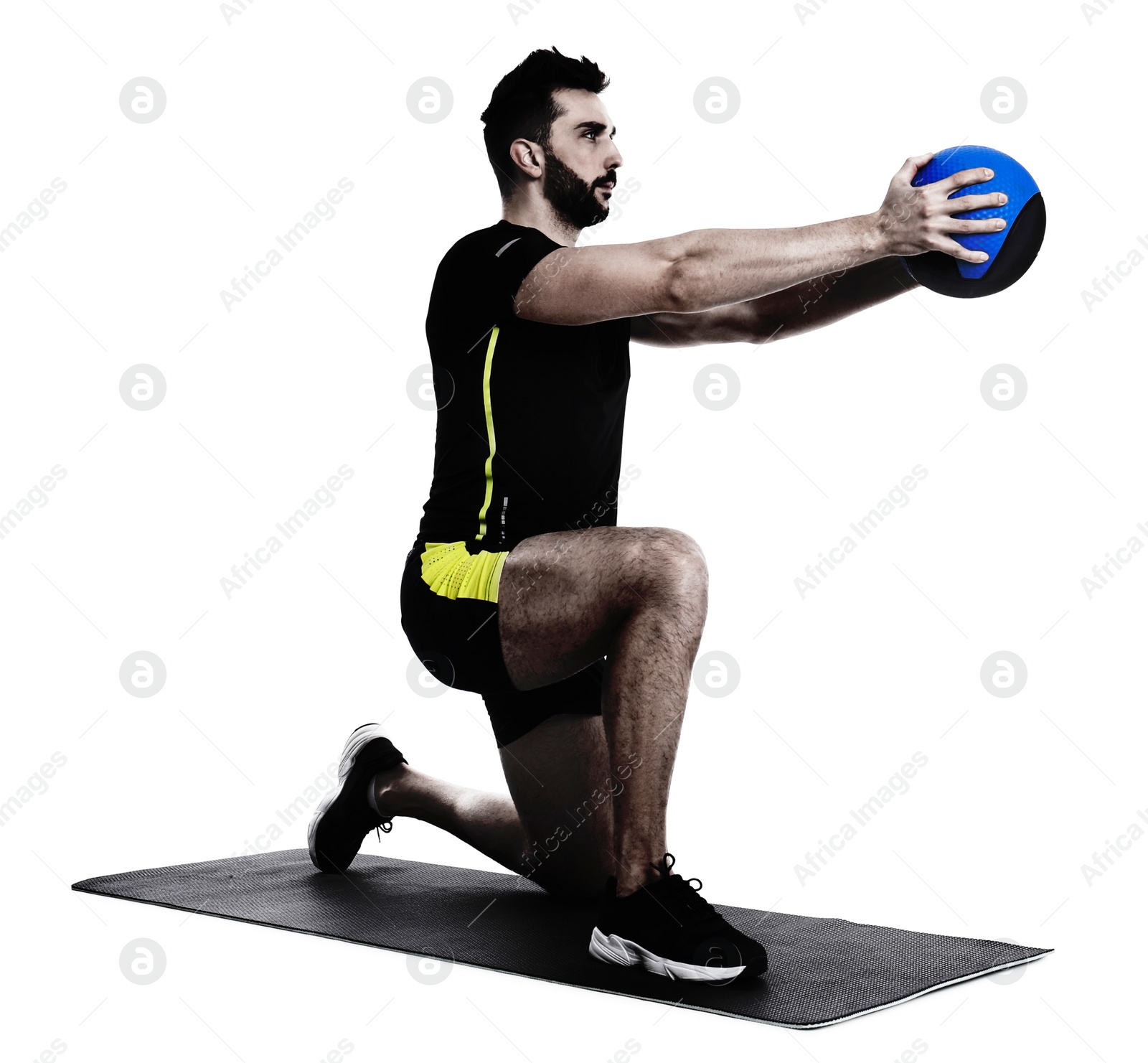 Image of Athletic man doing exercise with medicine ball isolated on white