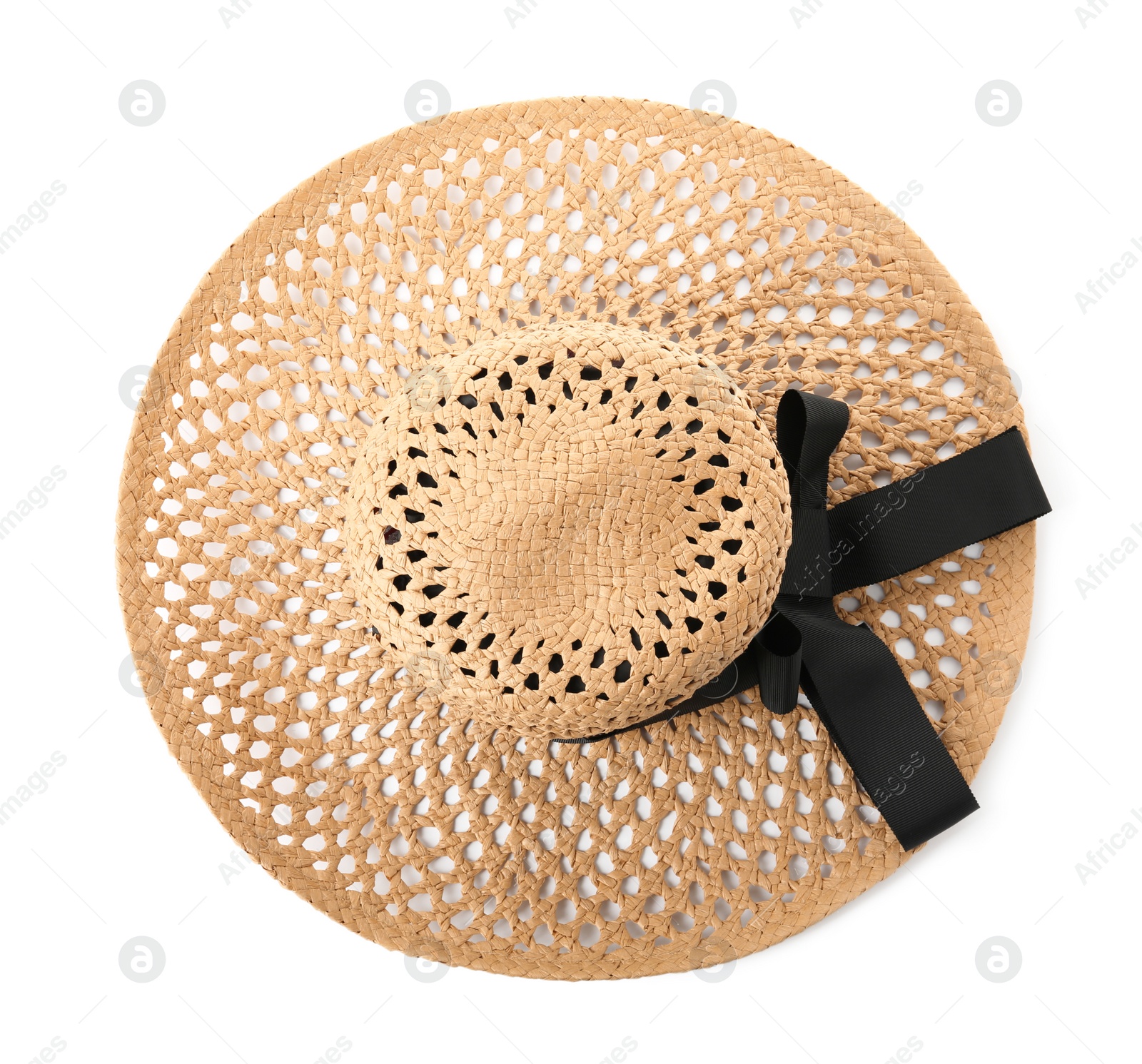 Photo of Stylish straw hat isolated on white, top view