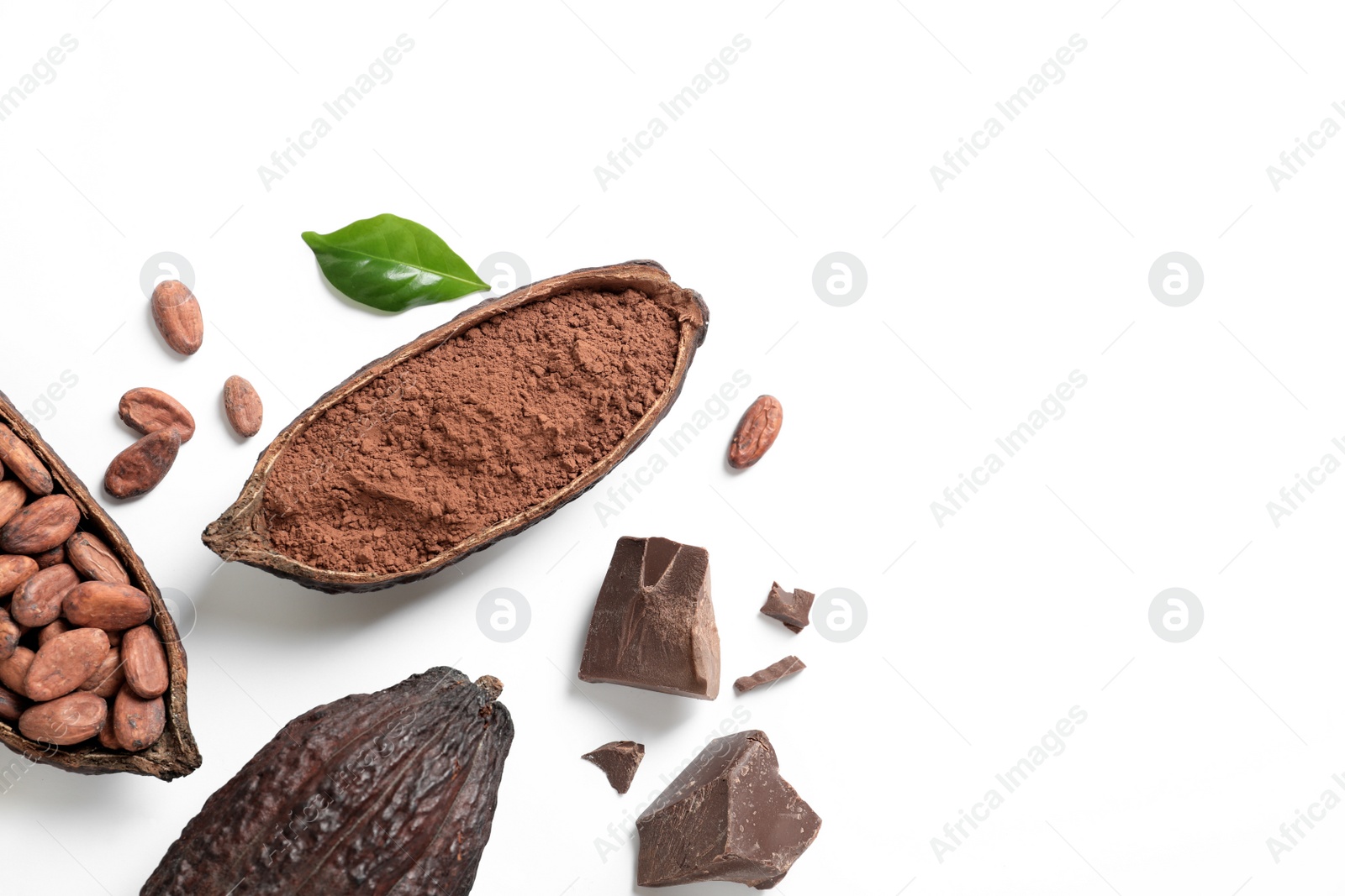 Photo of Composition with cocoa products on white background, top view