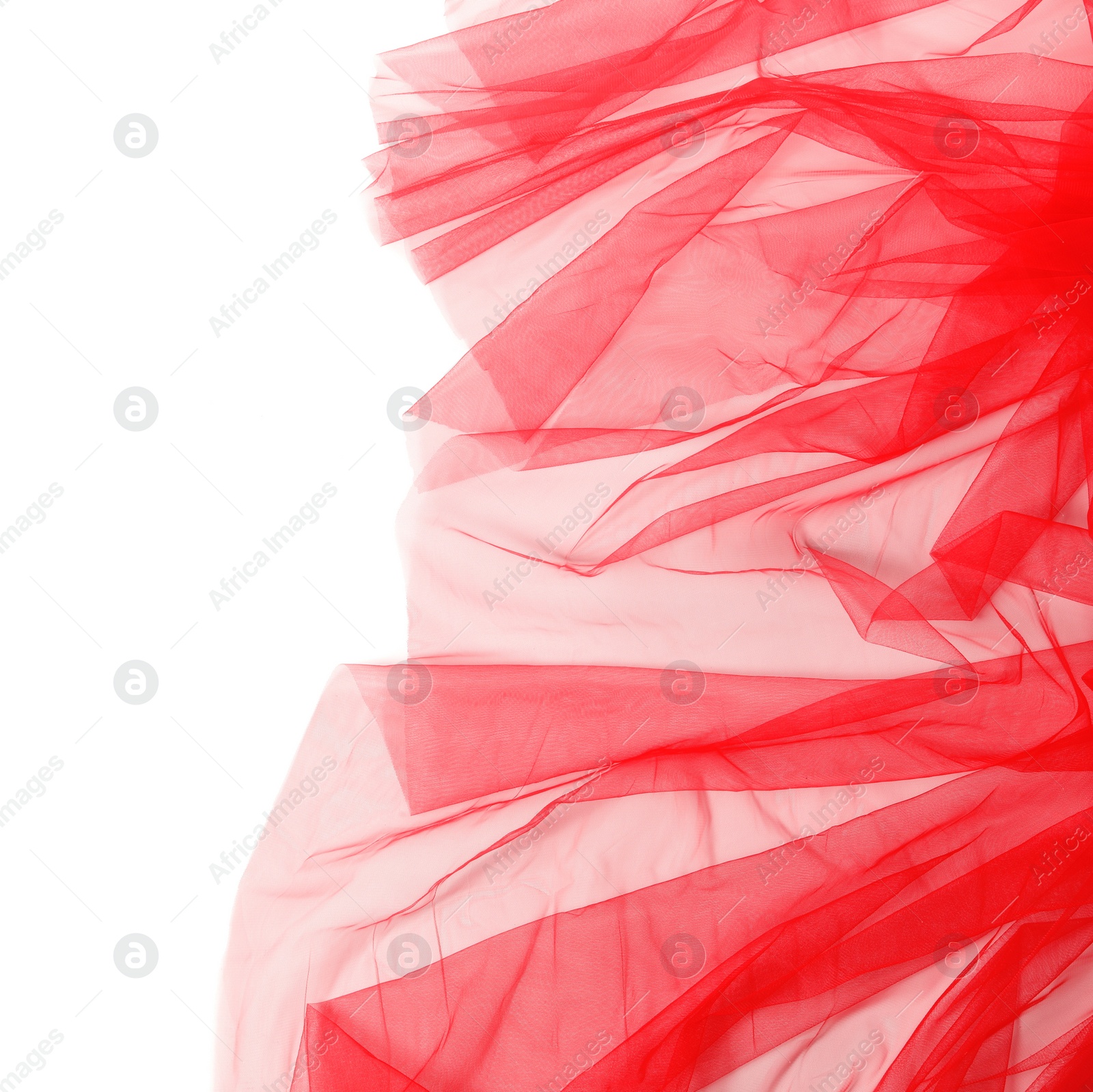 Photo of Beautiful red tulle fabric on white background, top view. Space for text