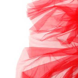 Beautiful red tulle fabric on white background, top view. Space for text