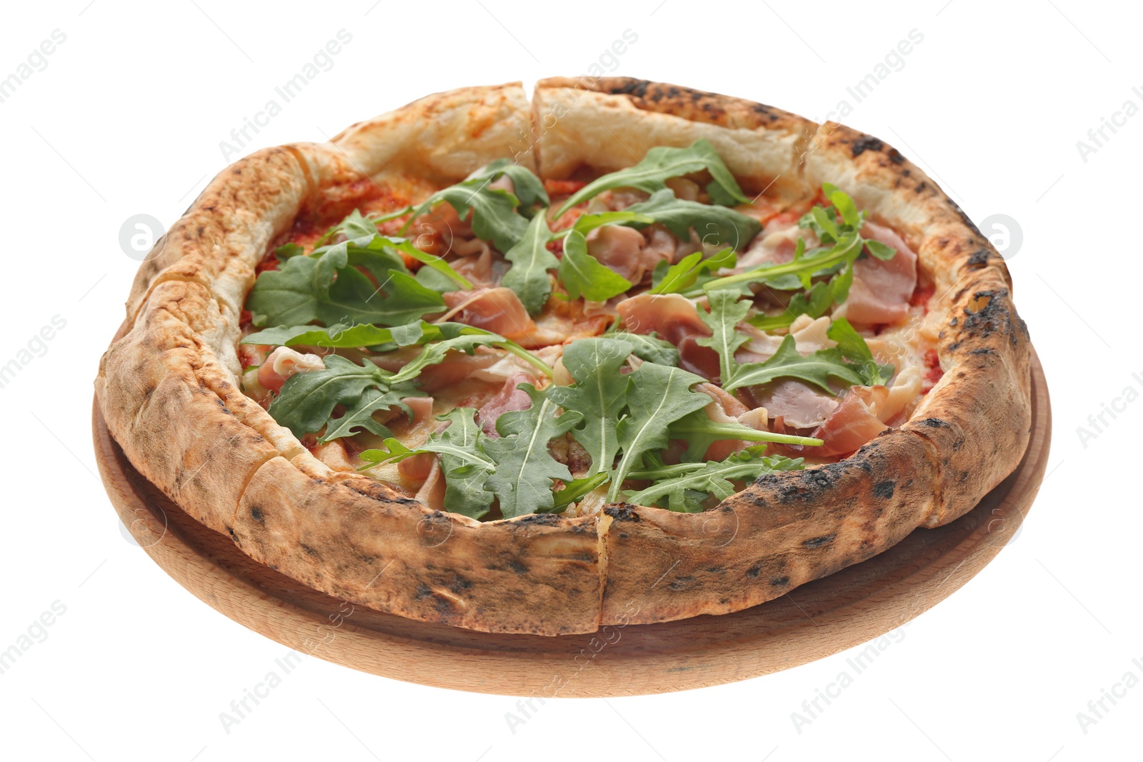 Photo of Tasty pizza with meat and arugula isolated on white