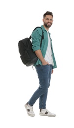 Young man with stylish backpack on white background