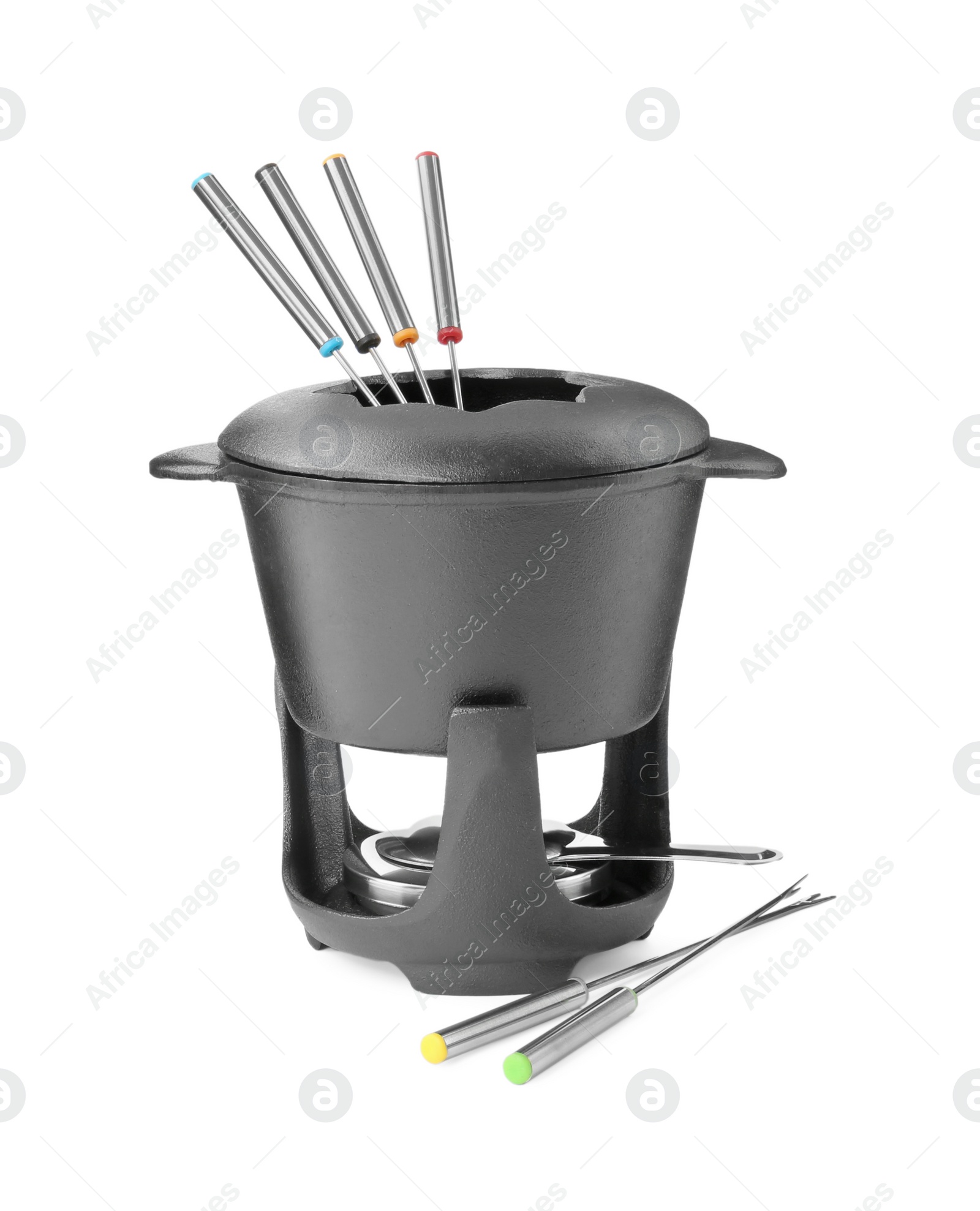 Photo of Fondue set isolated on white. Cooking utensils