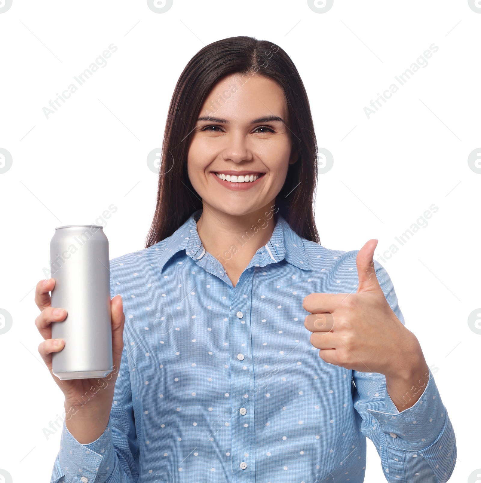 Photo of Beautiful young woman holding tin can with beverage and showing thumb up on white background