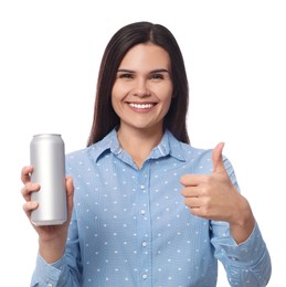 Beautiful young woman holding tin can with beverage and showing thumb up on white background