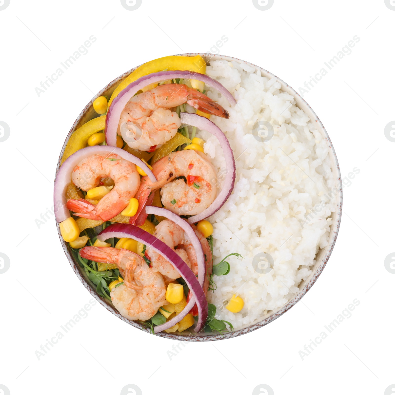 Photo of Delicious poke bowl with shrimps, rice and vegetables isolated on white, top view