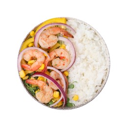 Delicious poke bowl with shrimps, rice and vegetables isolated on white, top view