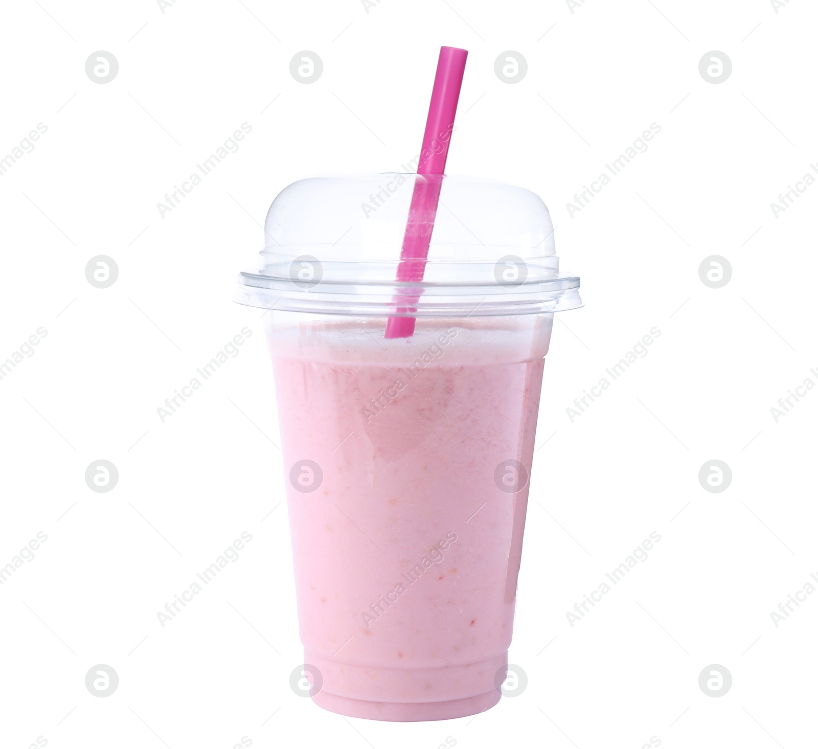 Photo of Tasty fresh milk shake in plastic cup on white background