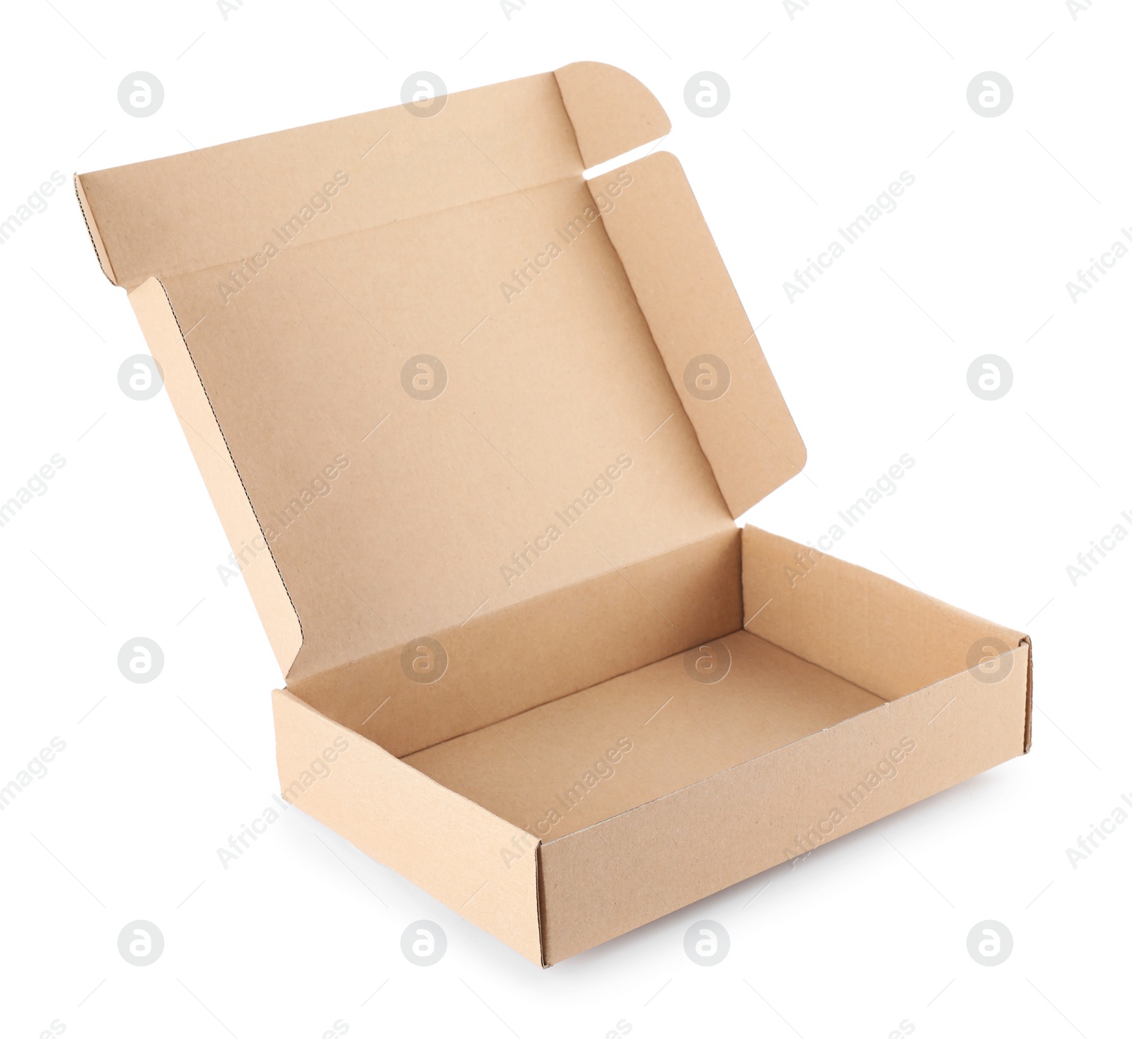 Photo of Open cardboard box on white background. Mockup for design