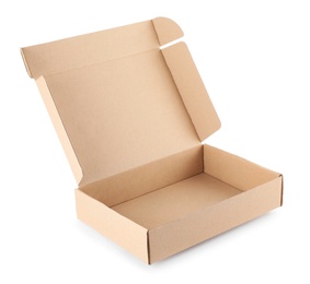 Photo of Open cardboard box on white background. Mockup for design