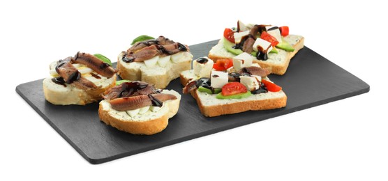Photo of Delicious sandwiches with anchovies, and different ingredients on white background