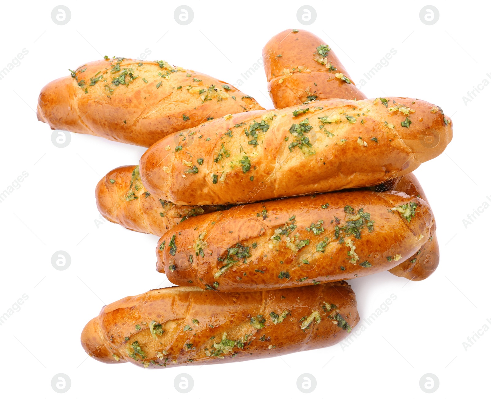 Photo of Bread loaves with garlic and herbs on white background, top view