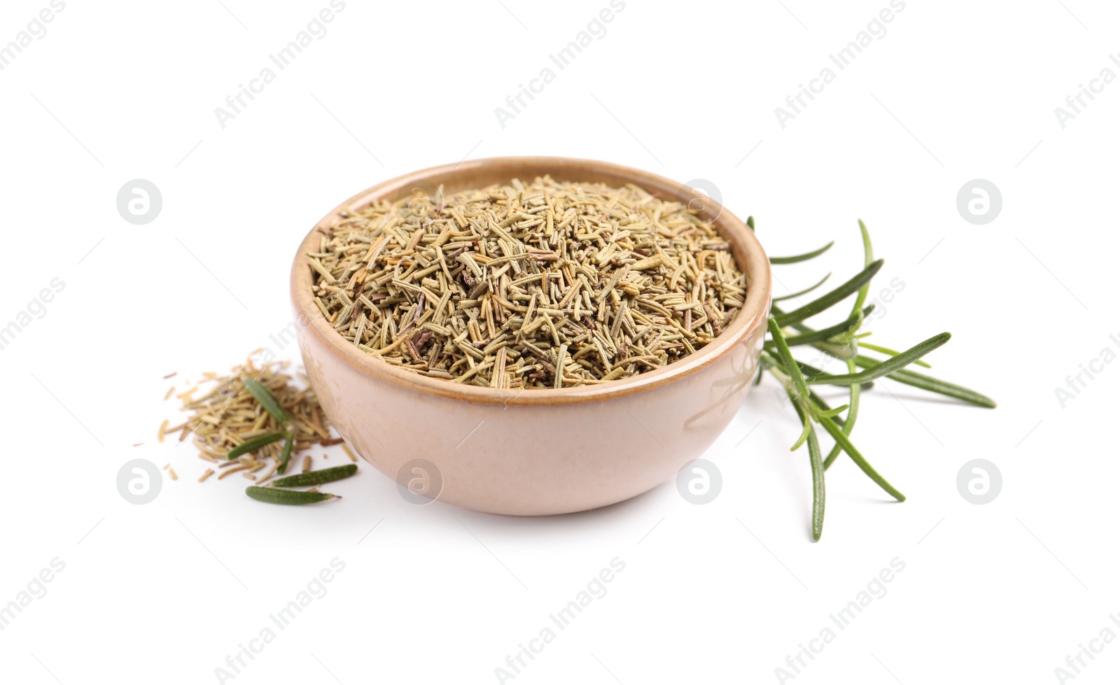 Photo of Bowl with fresh and dry rosemary isolated on white