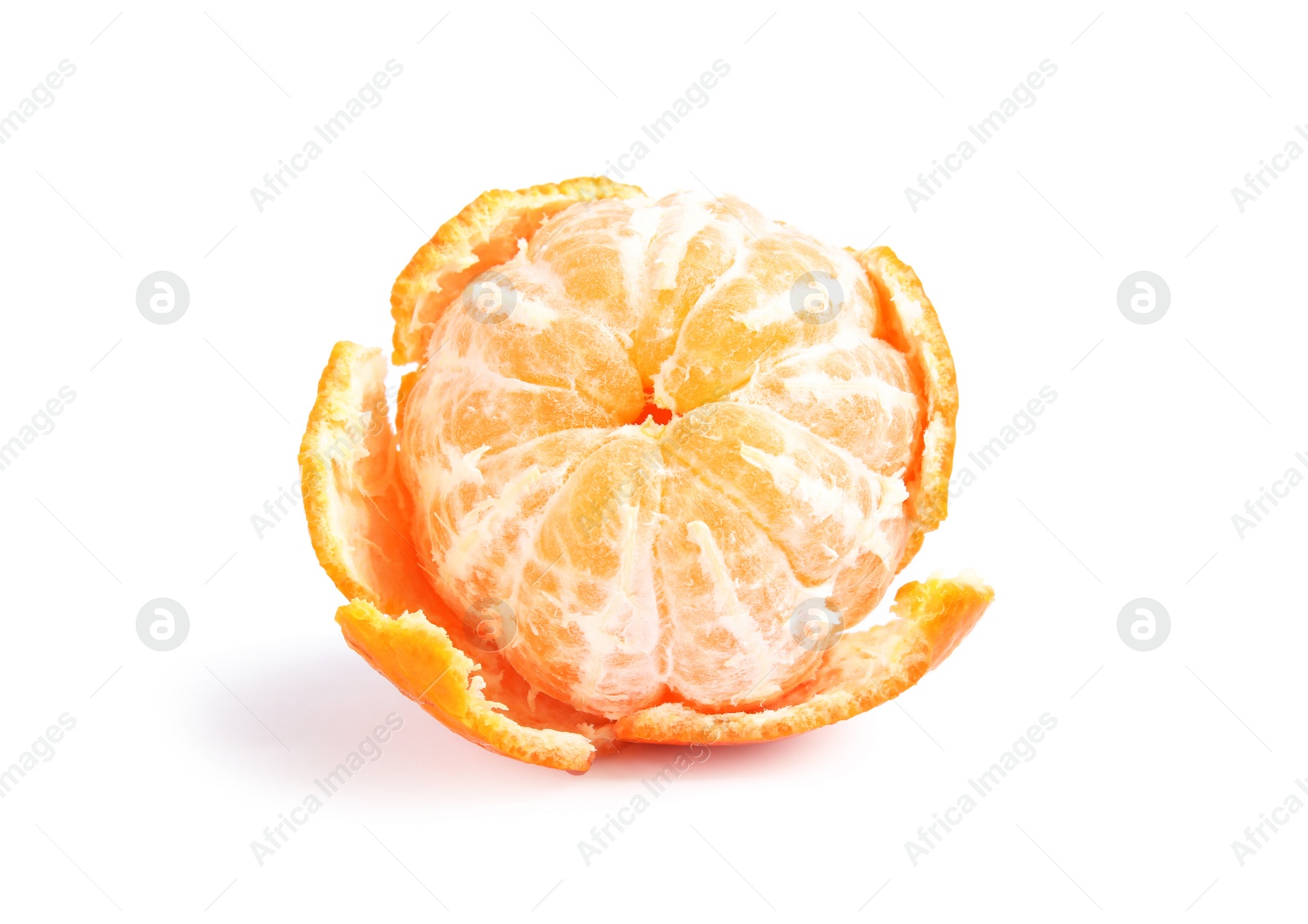Photo of Peeled ripe tangerine on white background. Citrus fruit