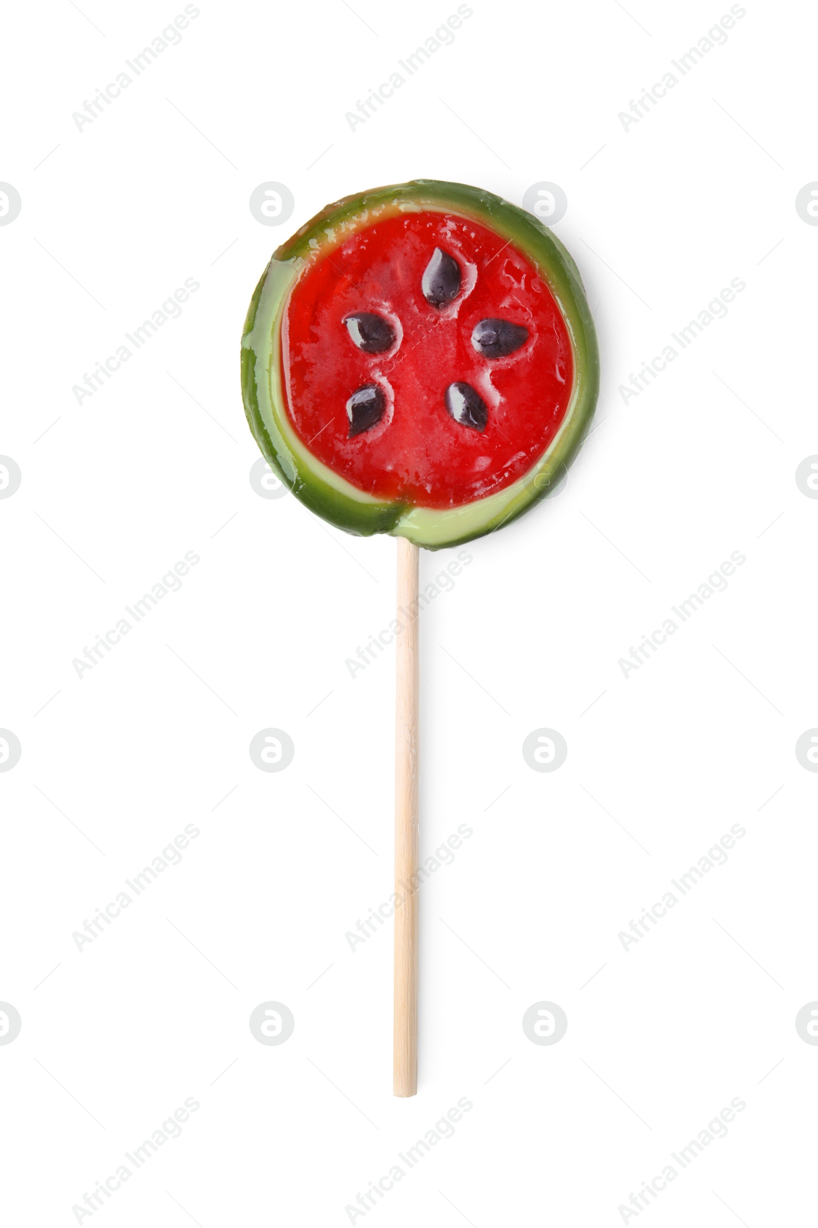 Photo of Watermelon shaped lollipop isolated on white, top view