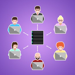 Illustration of People using laptops connected with server by double arrows on violet background, illustration. Multi-user system