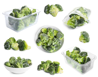 Image of Set of frozen broccoli on white background. Vegetable preservation