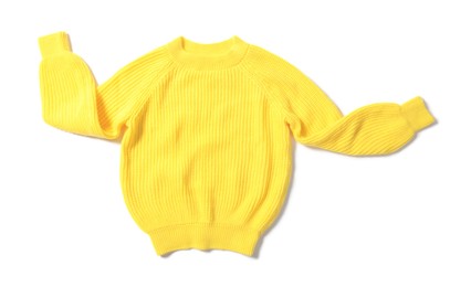 Photo of Stylish yellow knitted sweater isolated on white, top view