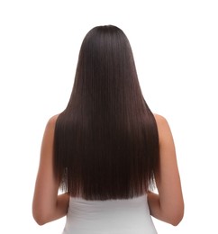 Woman with healthy hair after treatment on white background, back view