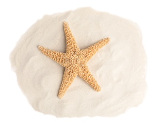 Pile of beach sand with beautiful starfish on white background, top view