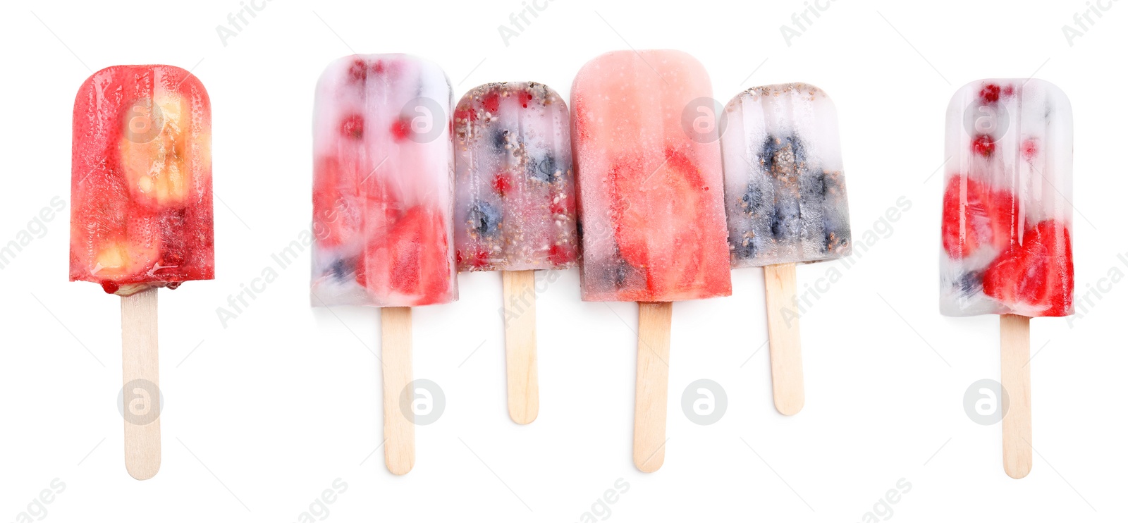 Image of Set with tasty berry ice popsicles on white background. Banner design