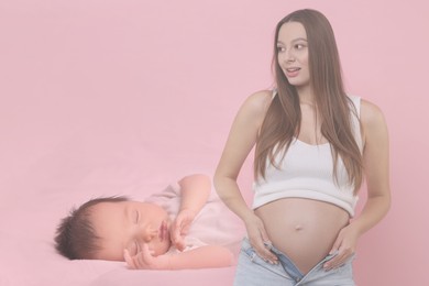 Image of Double exposure of pregnant woman and cute baby on pink background