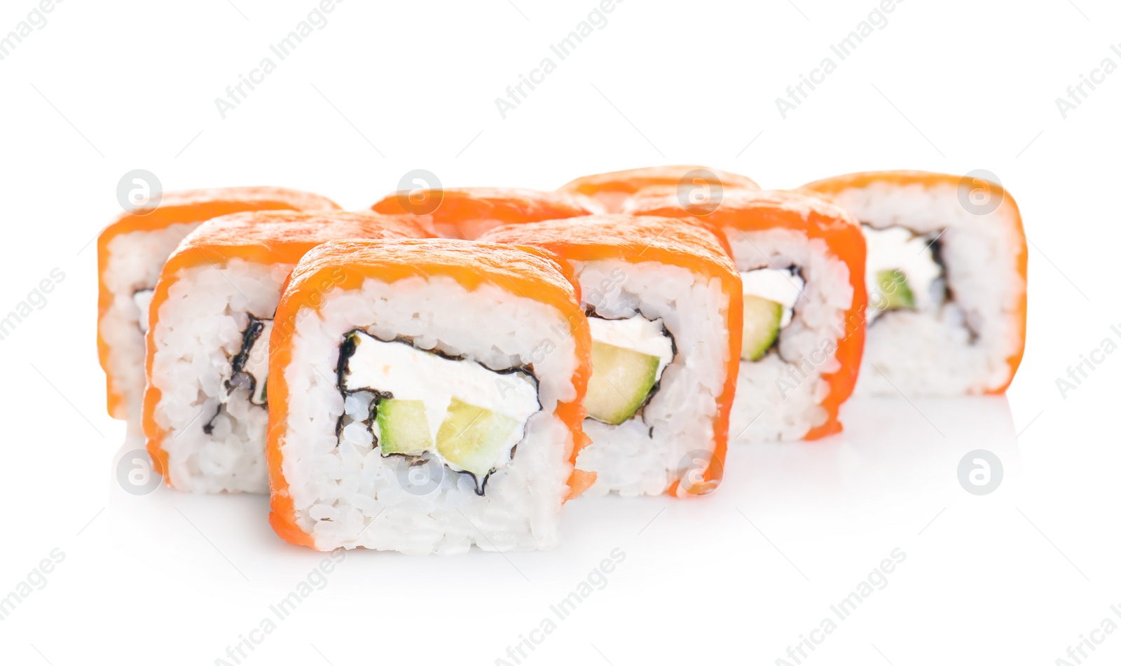 Photo of Tasty sushi rolls on white background. Food delivery service