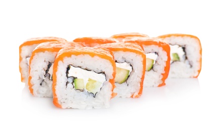 Photo of Tasty sushi rolls on white background. Food delivery service