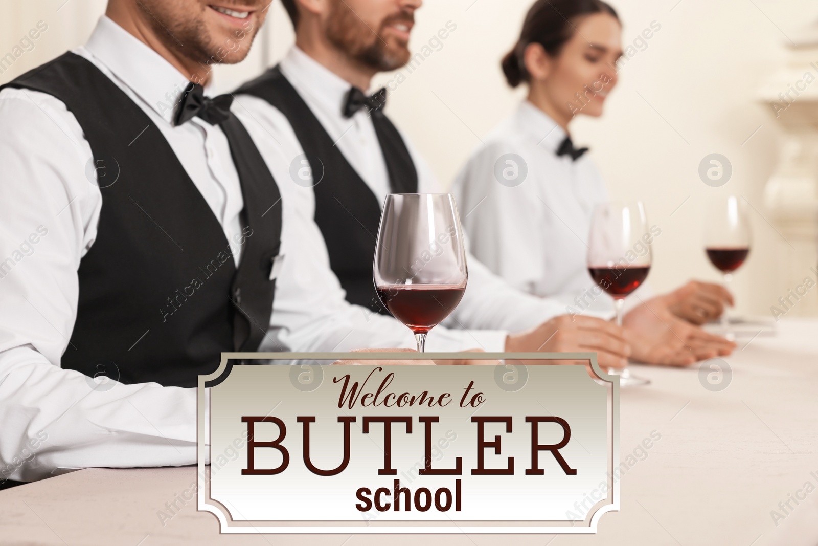 Image of Butler school. Group of people training in tasting red wine indoors