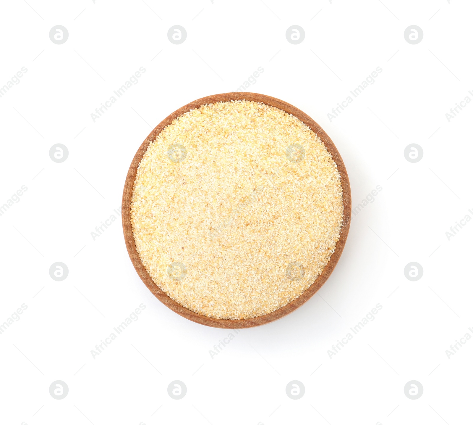 Photo of Bowl of dry garlic powder on white background, top view