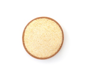 Bowl of dry garlic powder on white background, top view