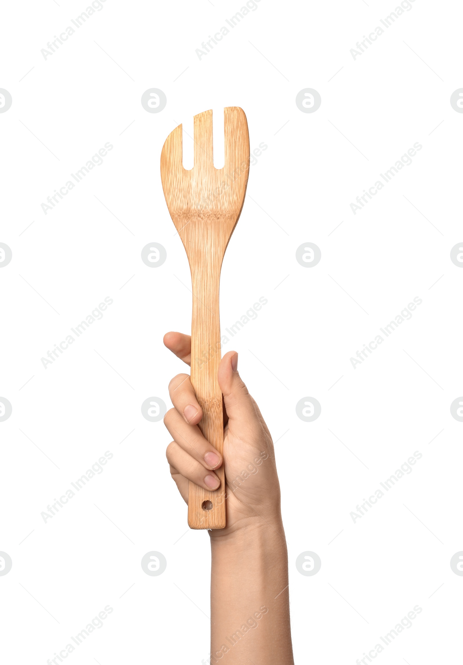 Photo of Woman holding wooden kitchen utensil on white background