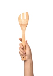 Photo of Woman holding wooden kitchen utensil on white background