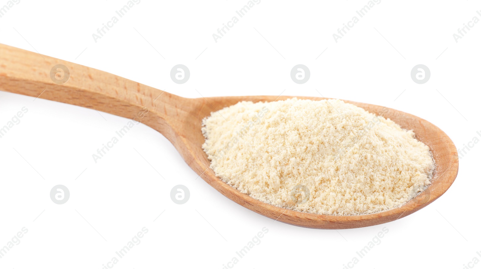 Photo of Wooden spoon with quinoa flour on white background, closeup