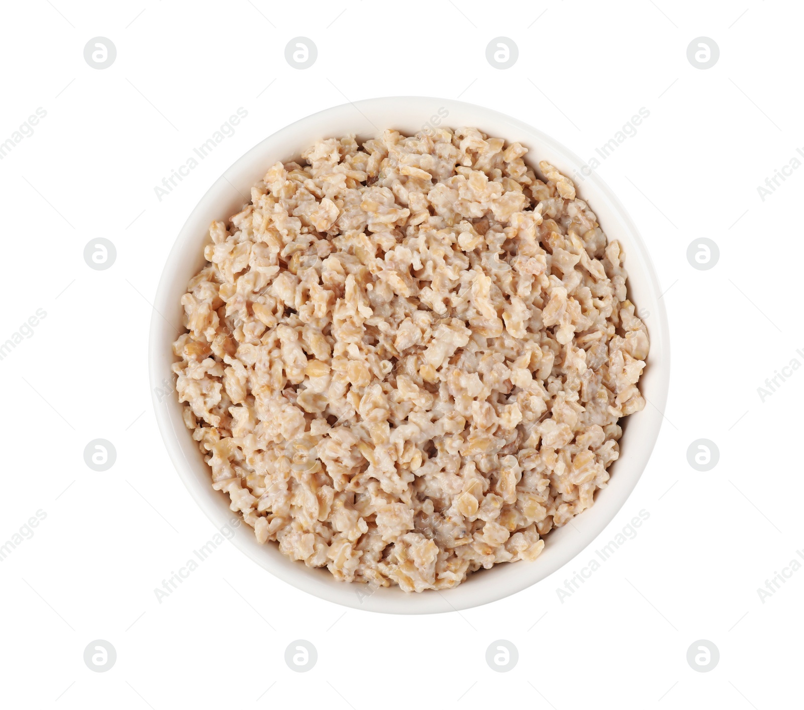 Photo of Tasty boiled oatmeal in bowl isolated on white, top view