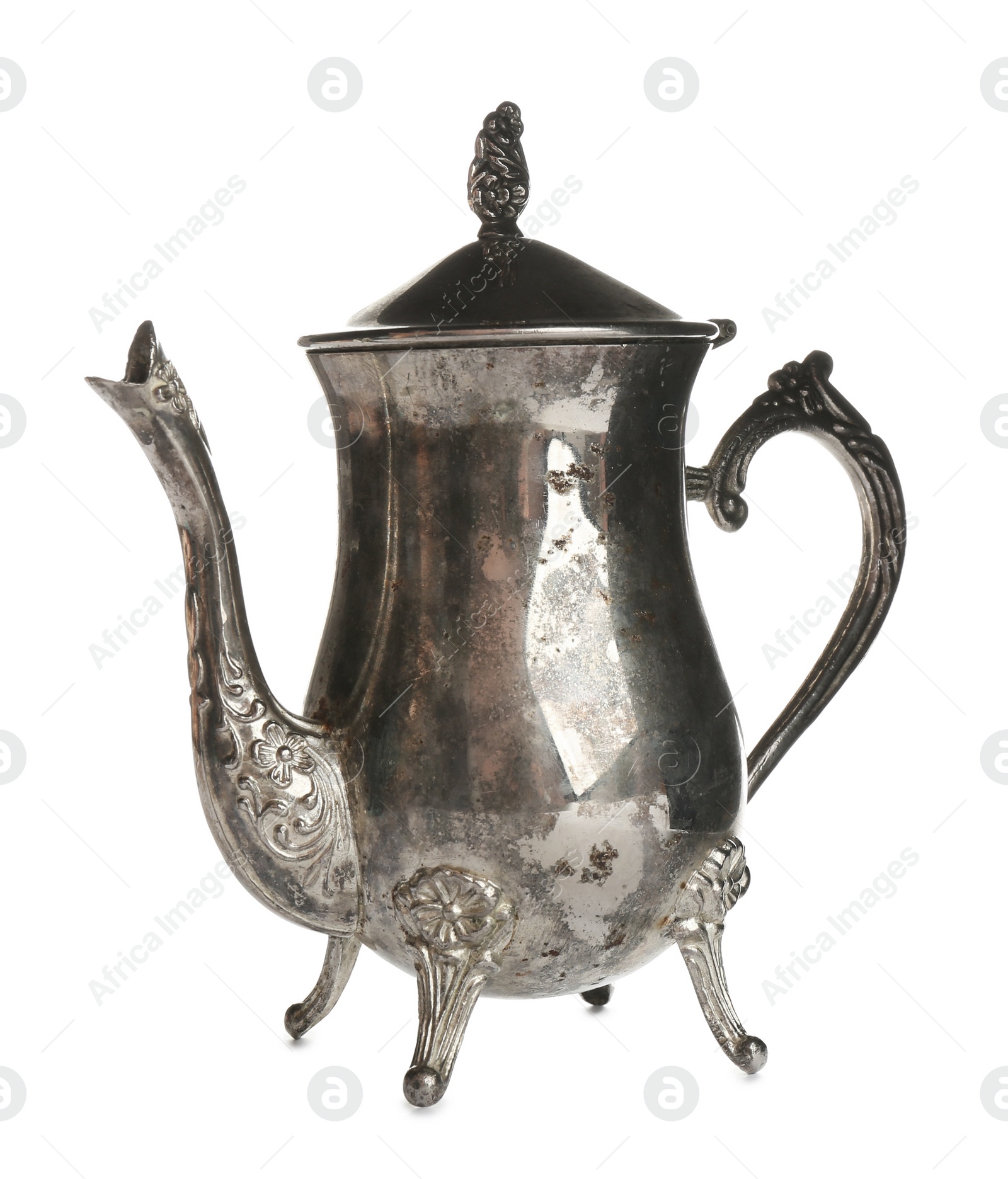 Photo of Beautiful vintage silver teapot isolated on white