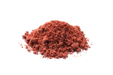 Photo of Heap of dried cranberry powder isolated on white