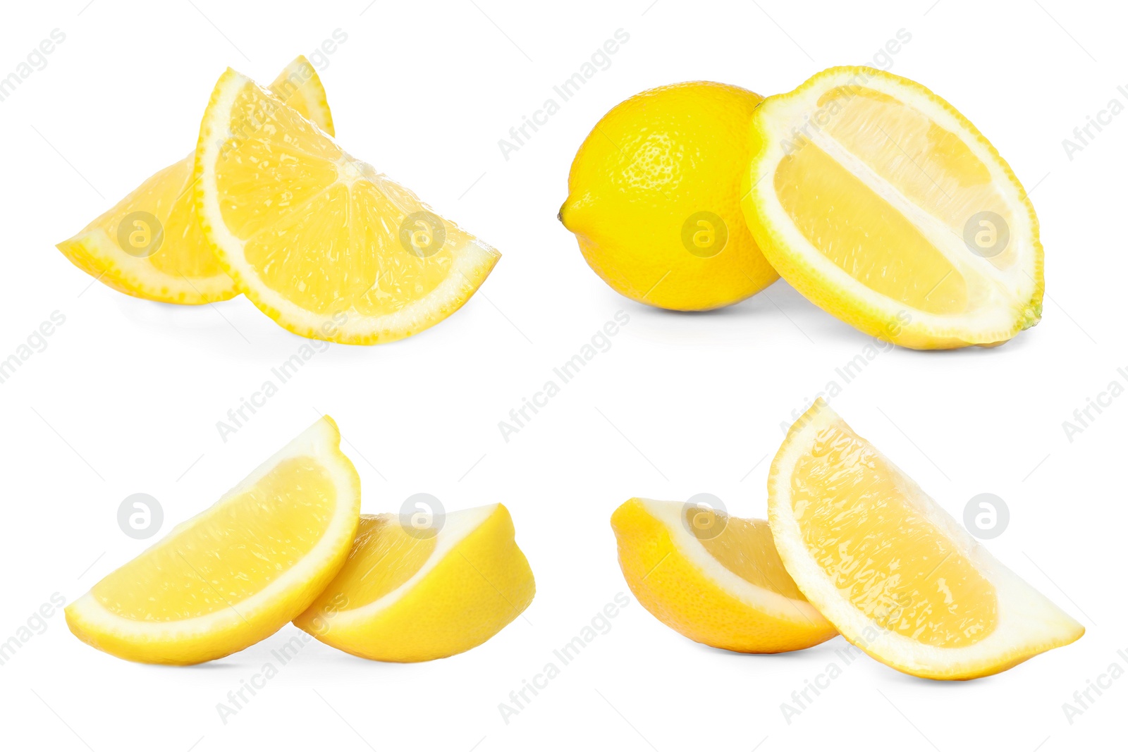 Image of Set with fresh ripe lemons on white background