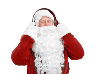 Photo of Santa Claus listening to Christmas music on white background