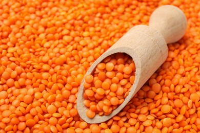 Photo of Heap of raw lentils and wooden scoop, closeup. Space for text