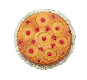 Tasty pineapple cake with cherries isolated on white, top view