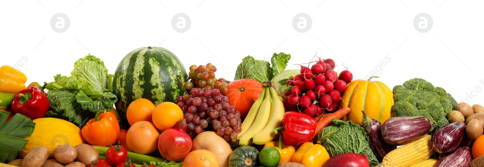 Photo of Assortment of fresh organic fruits and vegetables on white background. Banner design