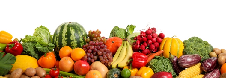 Photo of Assortment of fresh organic fruits and vegetables on white background. Banner design