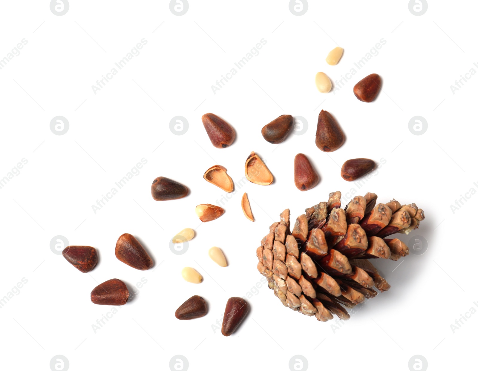 Photo of Composition with pine nuts and cone on white background, top view