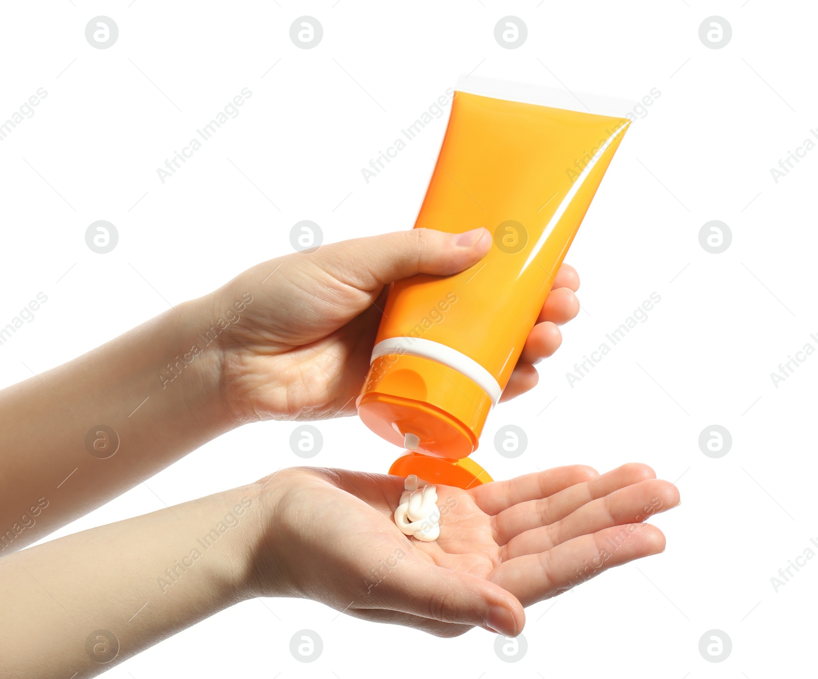 Photo of Woman applying sun protection cream on hand against white background, closeup